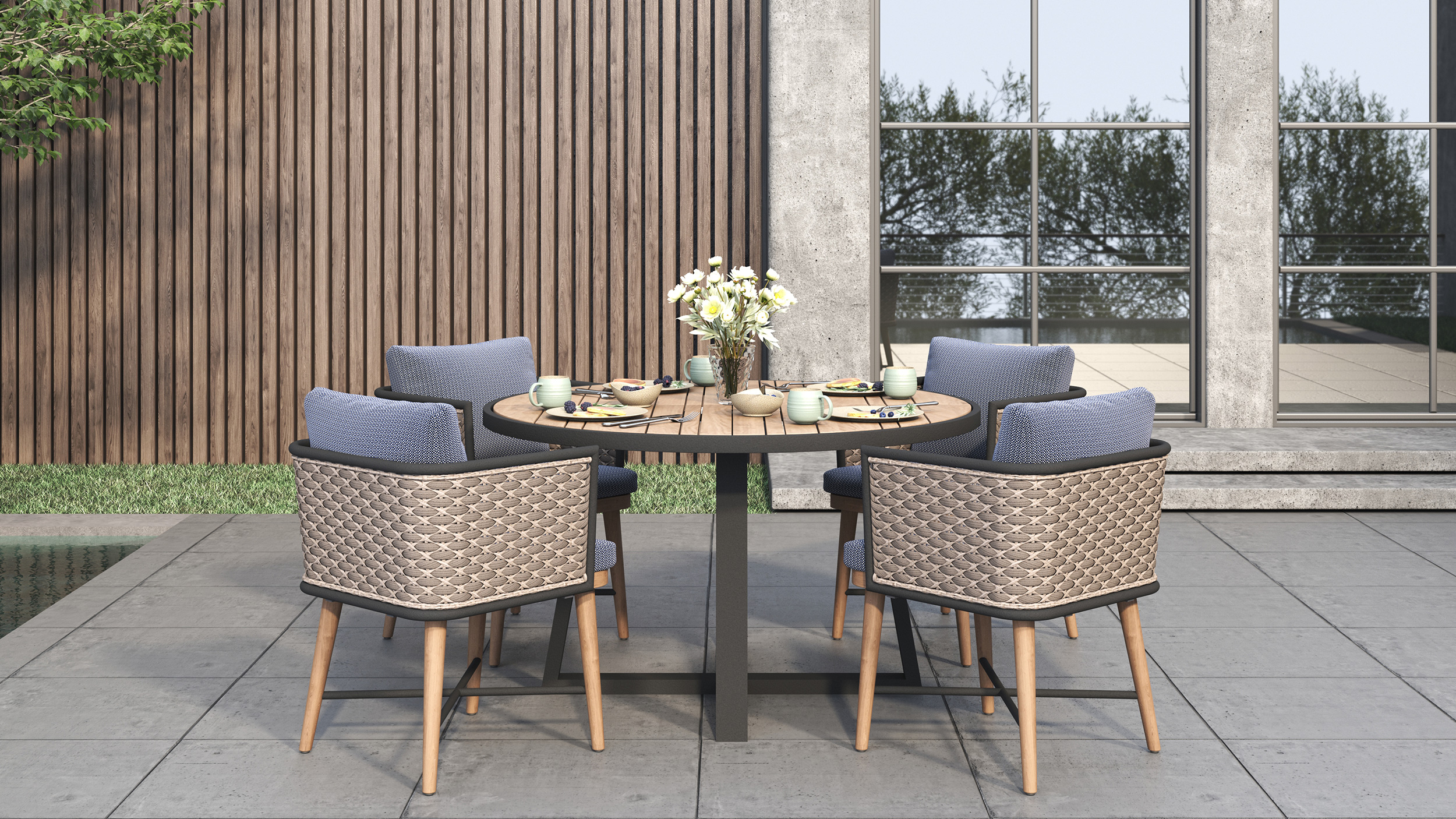 Corda Dining Armchairs Fontelina Blue Side View With Jardin Round Dining Tables 125.Effectsresult