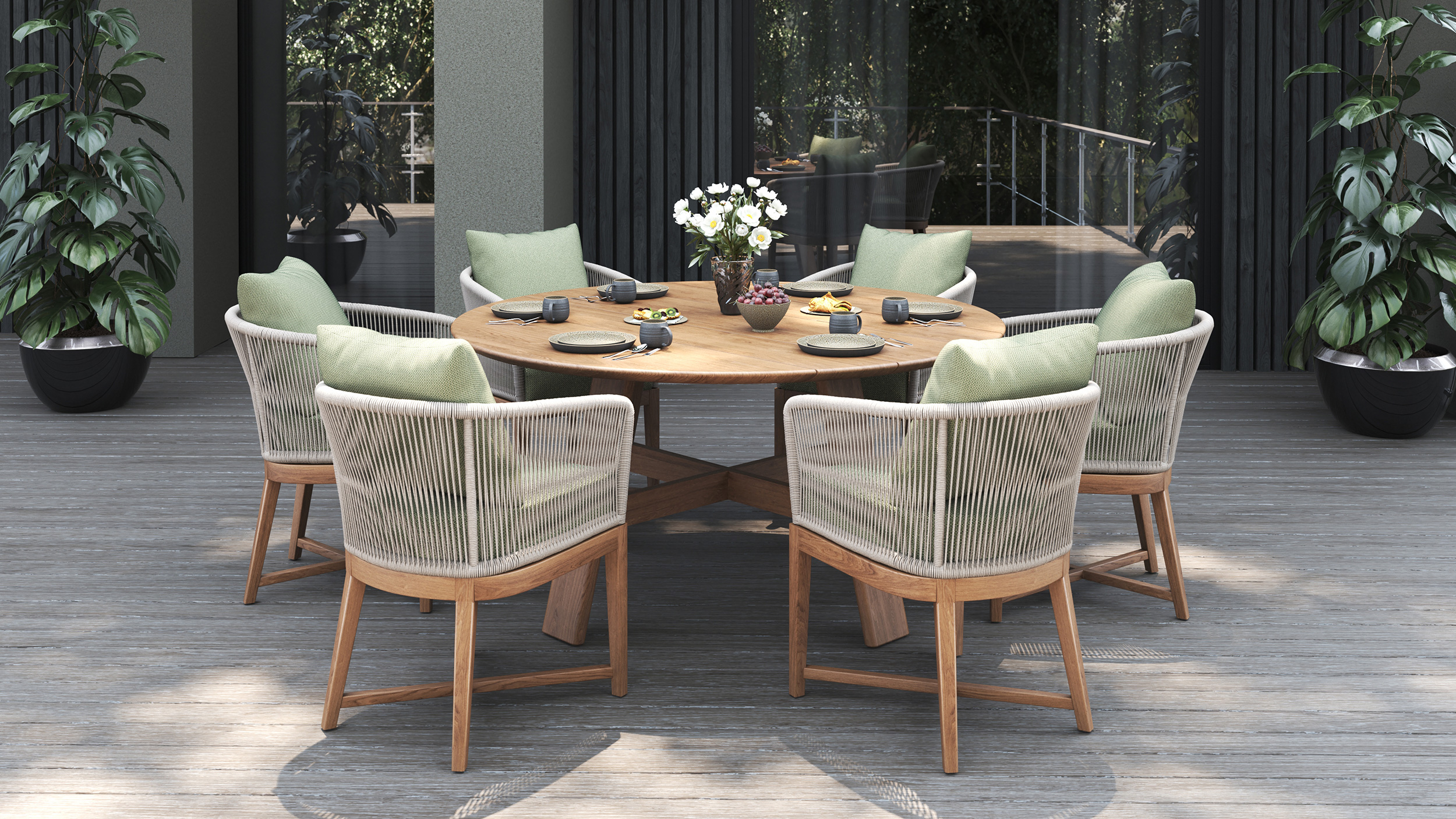 Emmilie Dining Chair Fontelina Green Octa Round 150 Dining Tableside View.effectsresult 1