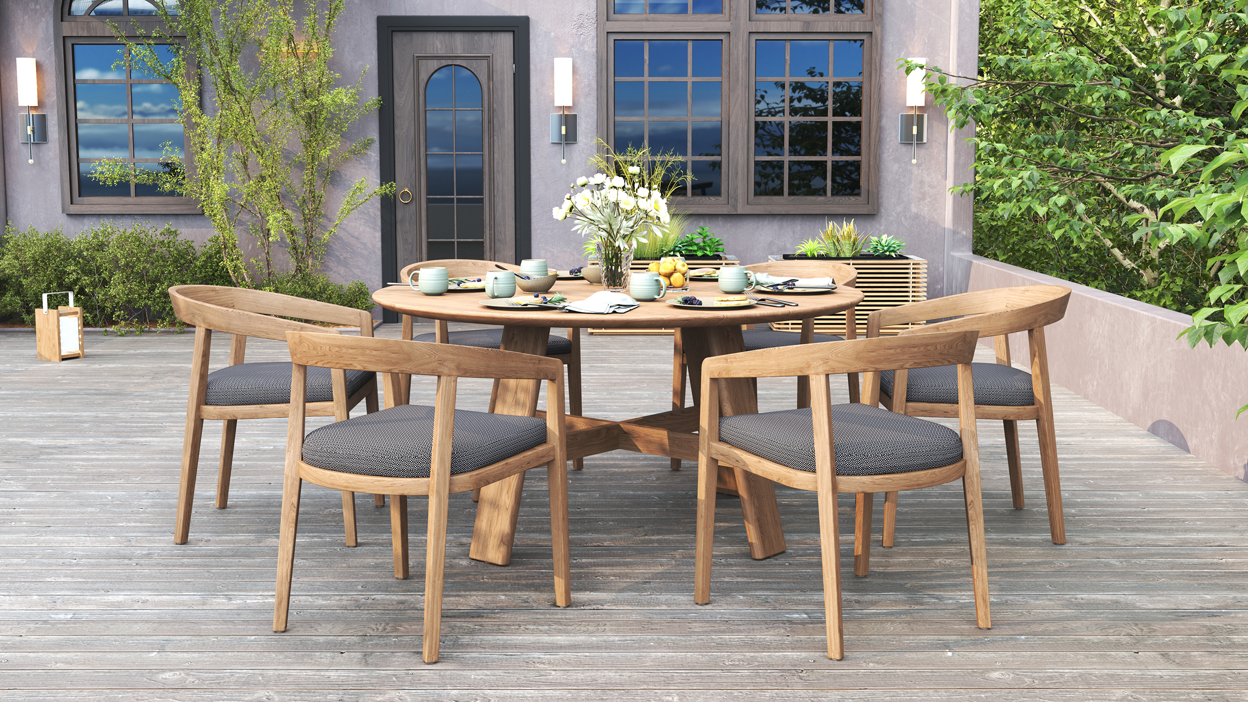 Octa Round Dining Table 150 With Vento Dining Chair Teak Fontelina Black Side View.rgb Color