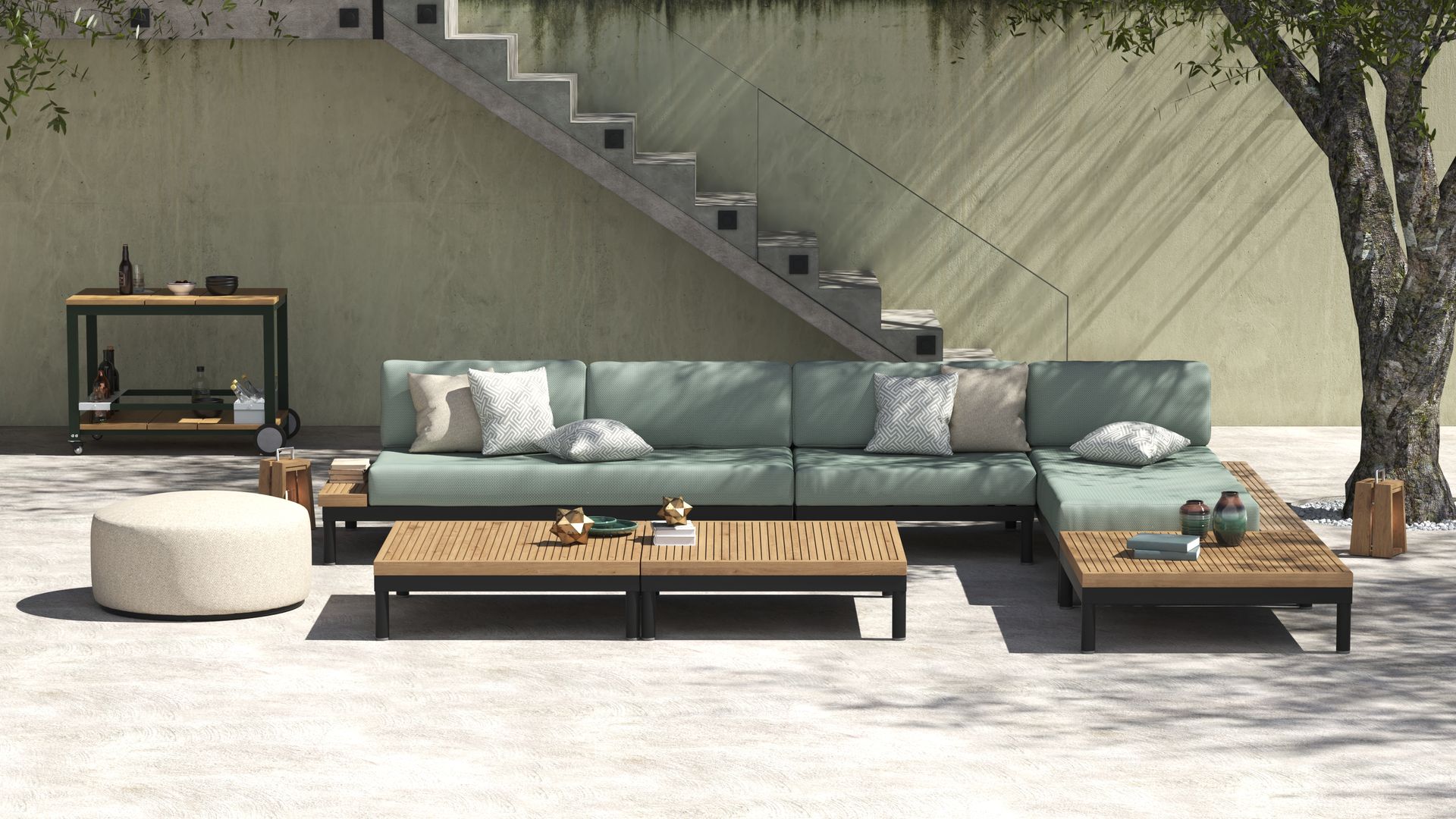 Lightweight Aluminium And Teak Wood Modular Outdoor Sofa With Durable Outdoor Fabric