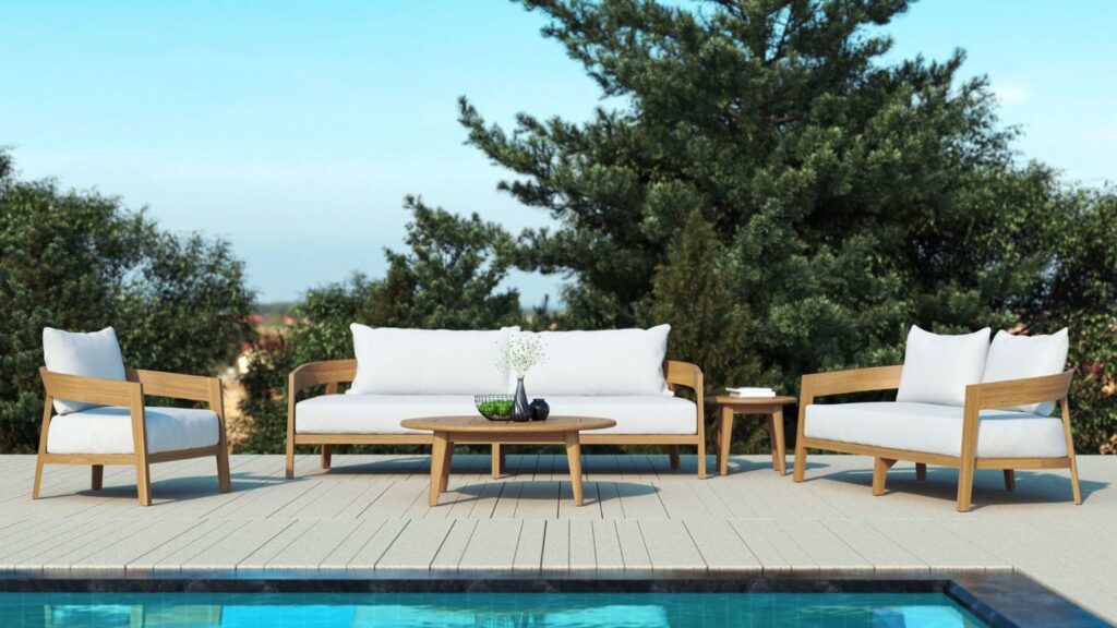 teakwood outdoor lounge set with sofa, coffee table, and side table